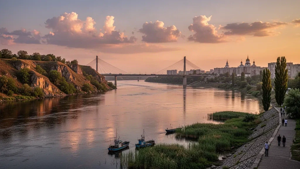 Zaporijya, Ukrayna'da Dnipro Nehri, Khortytsia Adası ve baraj köprüsünün altın saat manzarası