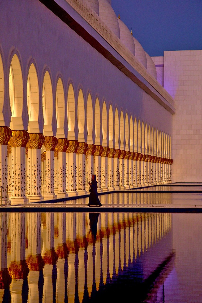 Moschee, Abu Dhabi, Architektur, Orient, Natur, Wasser
