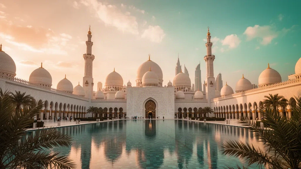 Vue d'Abou Dabi à l'heure dorée sur les dômes blancs et les minarets de la Grande Mosquée Cheikh Zayed se reflétant dans les bassins, avec l'horizon de la ville en arrière-plan