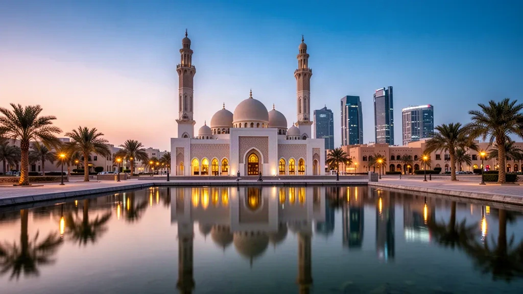 La Mezquita Al Noor y el horizonte de Sharjah reflejados en las tranquilas aguas de la laguna Khalid al atardecer en los Emiratos Árabes Unidos