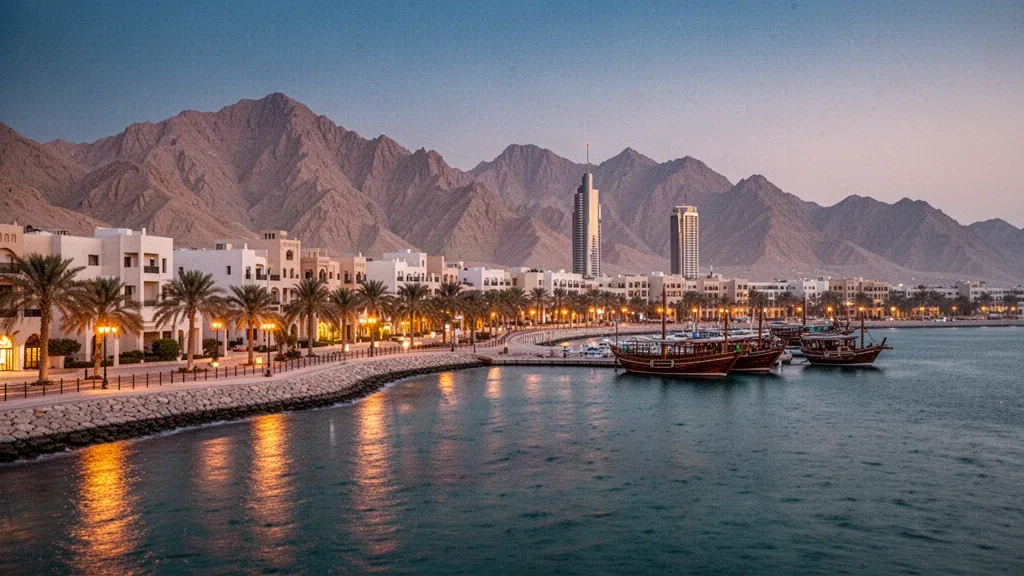 Alacakaranlıkta Basra Körfezi kıyısında şehir silüeti ve Hacer Dağları ile Ras Al Khaimah sahil yolu