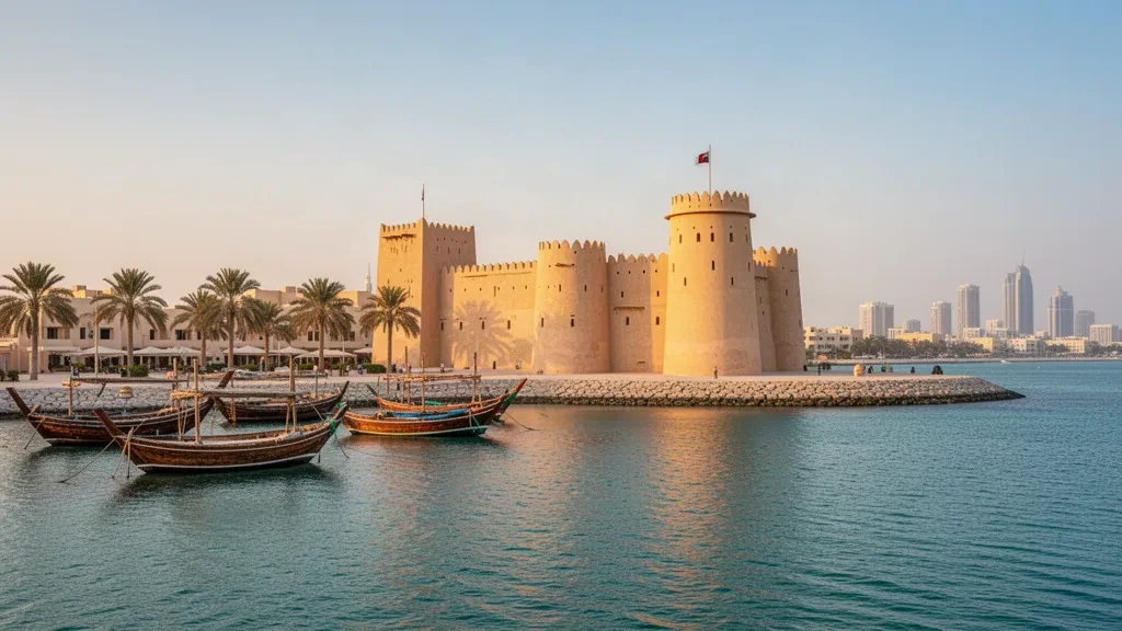 Birleşik Arap Emirlikleri'nde gün batımında Corniche sahil yoluna bakan Umm Al Quwain Kalesi.