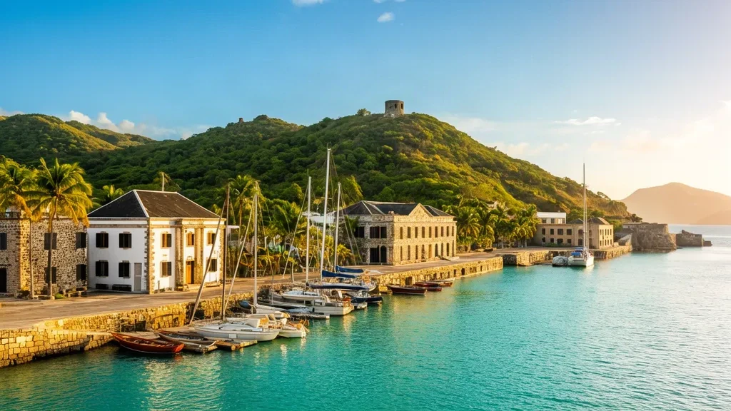Historischer Yachthafen English Harbour im Parish Saint Paul, Antigua, mit Segelyachten, georgianischen Dockyard-Gebäuden und türkisfarbenem karibischem Wasser.