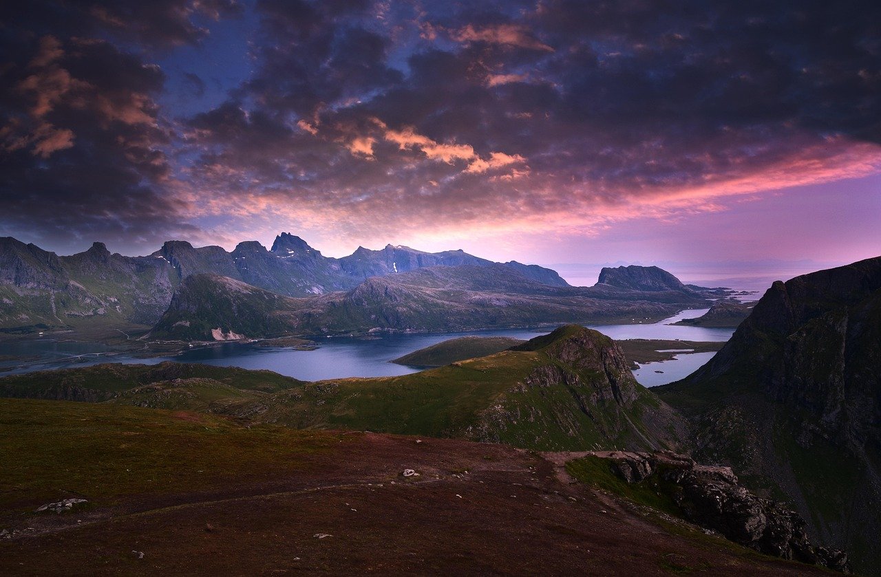 mountains, sunset, clouds, estuary, dusk, twilight, afterglow, skyscape, sky, water, fjords, norway, landscape, nature, norway, norway, norway, norway, norway
