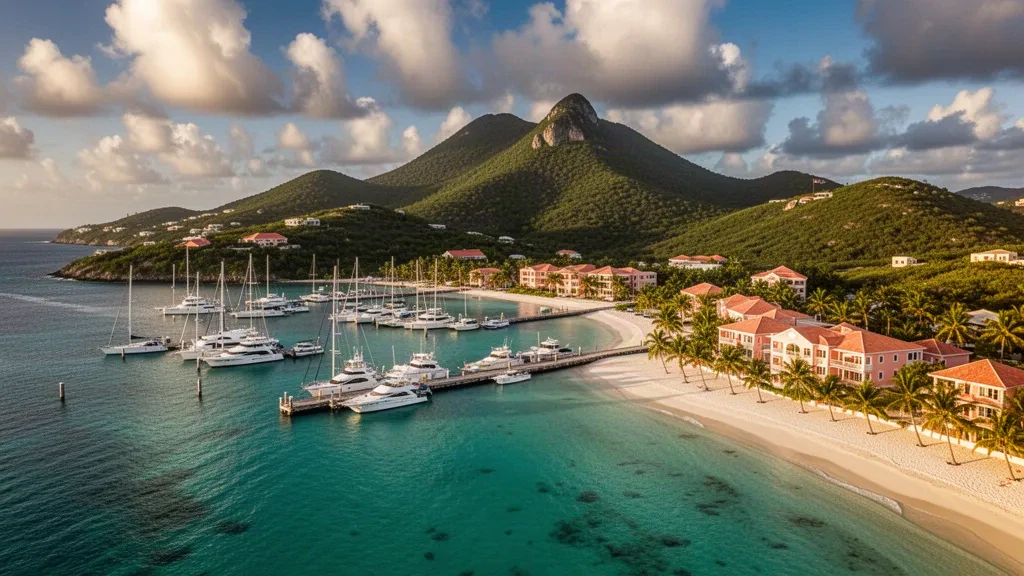 Antigua'nın güneybatı kıyısındaki Saint Mary Parish'te, altın Karayip öğleden sonra ışığı altında Jolly Harbour'da turkuaz marina ve beyaz yatlar