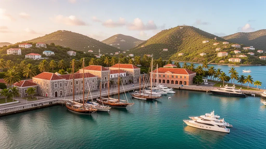 Antigua, Saint Paul'deki Nelson's Dockyard ve English Harbour'ın panoramik görünümü; tarihi binalar, yatlar ve altın güneş ışığı altında turkuaz su.