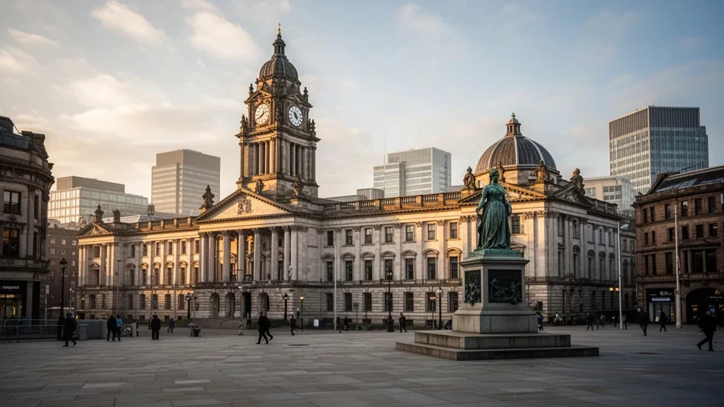 Leeds Town Hall and Millennium Square at golden hour, with the city centre skyline rising behind in West Yorkshire