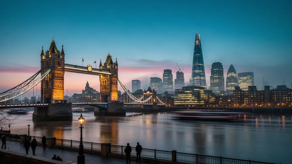 Tower Bridge over the River Thames at dusk with the illuminated City of London skyline behind, a classic view of London, United Kingdom