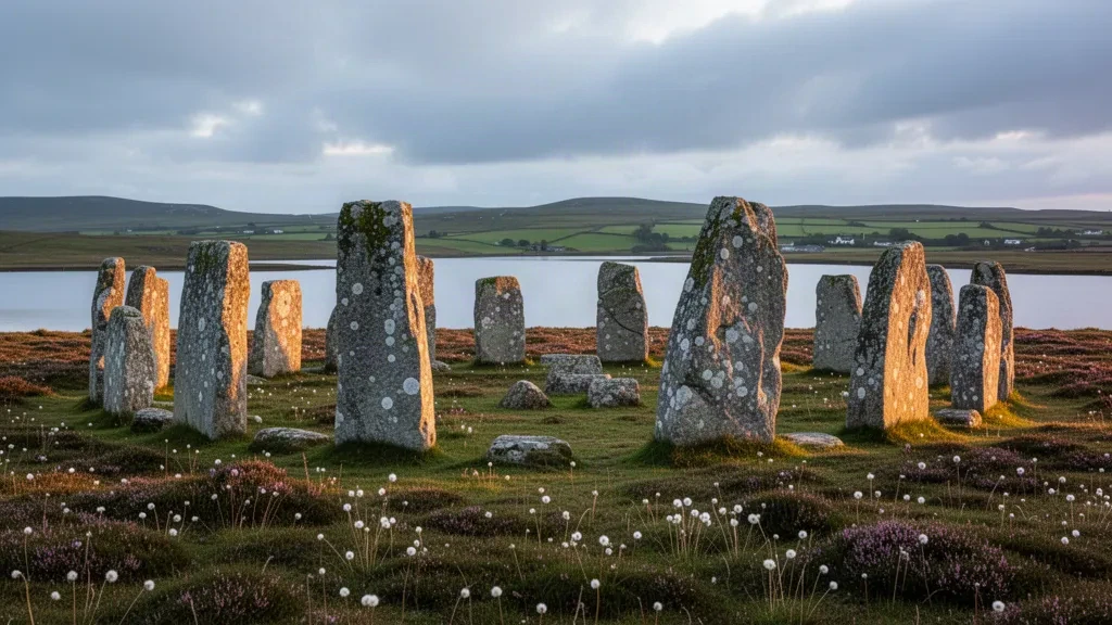Neolithic standing stones of the Ring of Brodgar on the Orkney Islands under a golden-hour sky beside the Loch of Harray