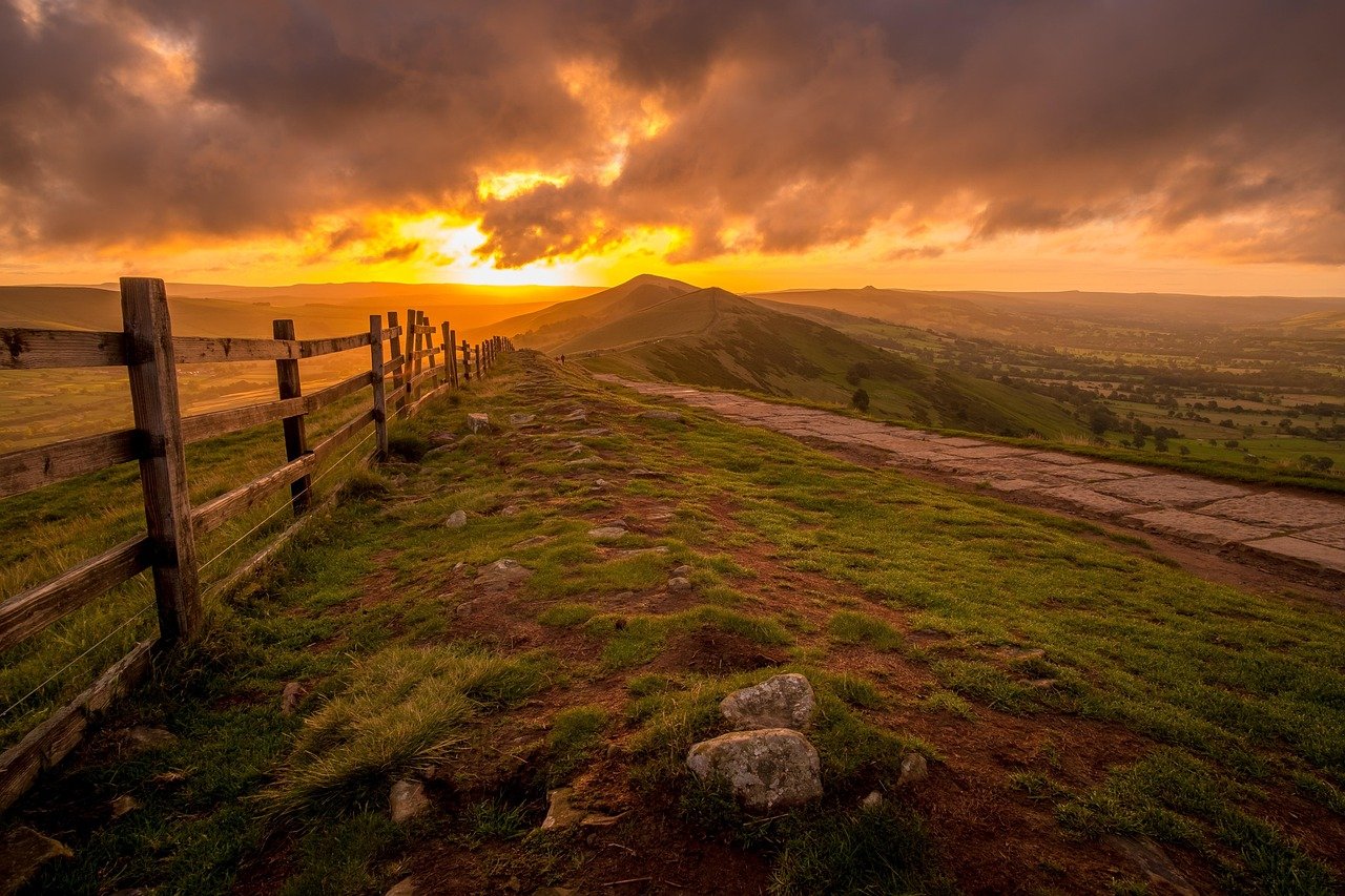 hill, wooden fence, sunset, sunrise, fence, ridge, peak, stone path, golden hour, landscape, countryside, nature, clouds, famous gate, mood, mam tor, peak district, derbyshire, england, hill, sunset, sunrise, fence, fence, fence, fence, fence, golden hour