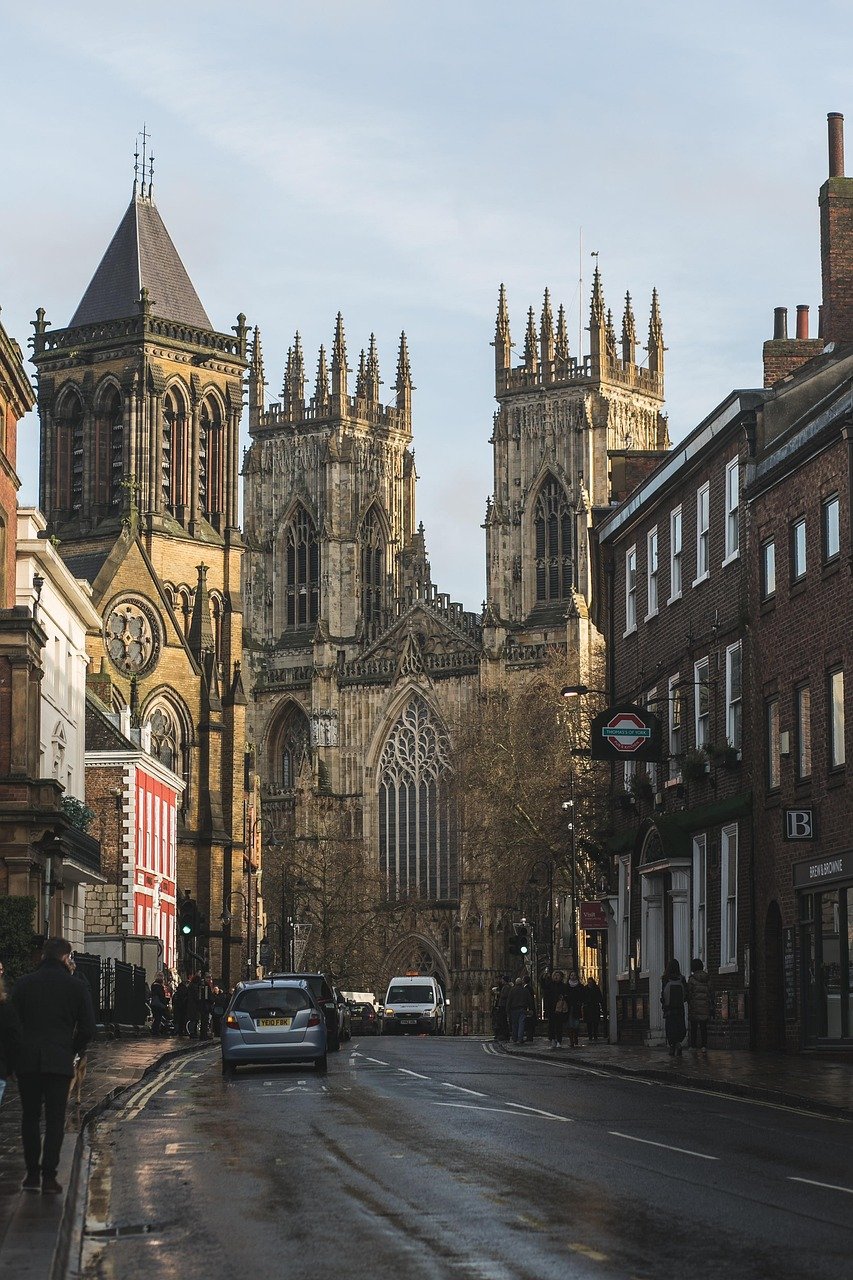 york minster, road, town, street, towers, cathedral, church, gothic, medieval, historic, historical, ancient, minster, heritage, buildings, old town, urban, city, york, yorkshire, england, britain, great britain, united kingdom, uk, gothic architecture, h