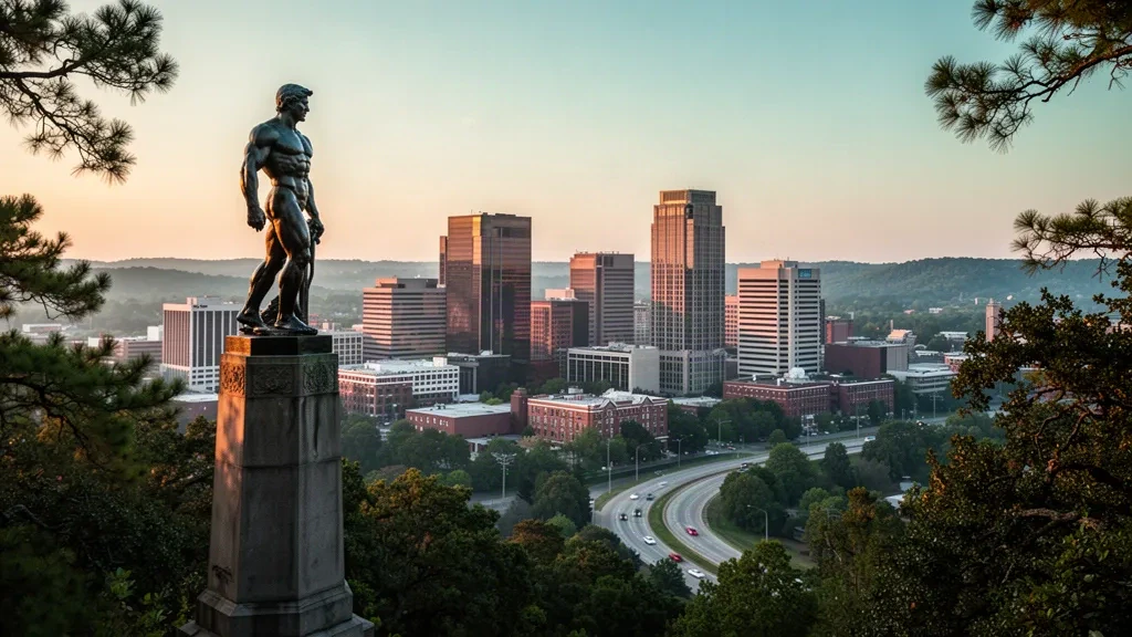 Vulcan statue overlooking the downtown Birmingham, Alabama skyline at golden hour from Red Mountain