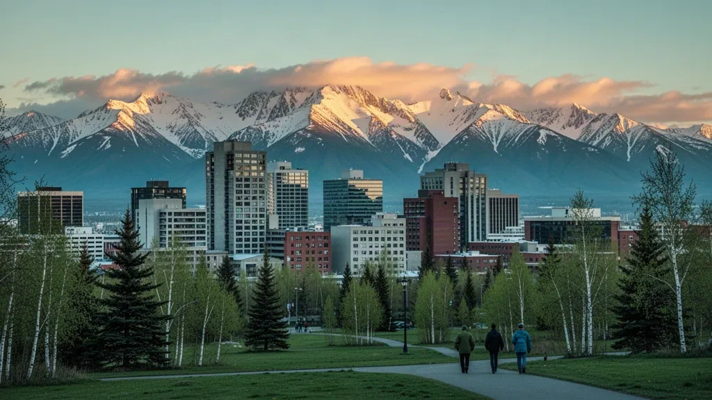 Panorámica del centro de Anchorage a la hora dorada con las montañas Chugach cubiertas de nieve elevándose detrás de la ciudad más grande de Alaska