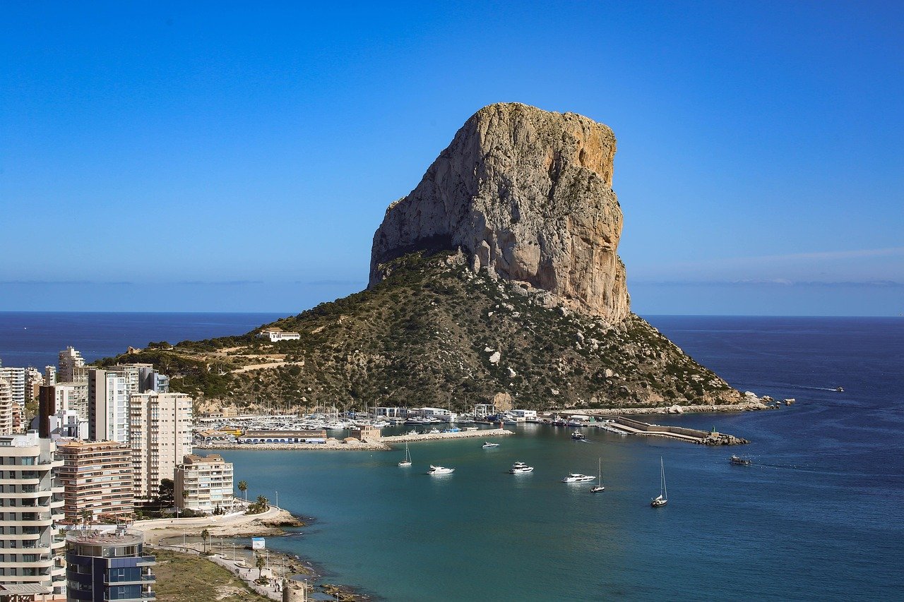 beach, sea, spain, costa blanca, calpe, landscape, rock, sunset, skyline, vacation, tourism, mediterranean climate, coast, crystal clear water, dive, sail, yachts, nature, rock formations, culture, story, architecture, cityscape, blue sky, spain, spain, s
