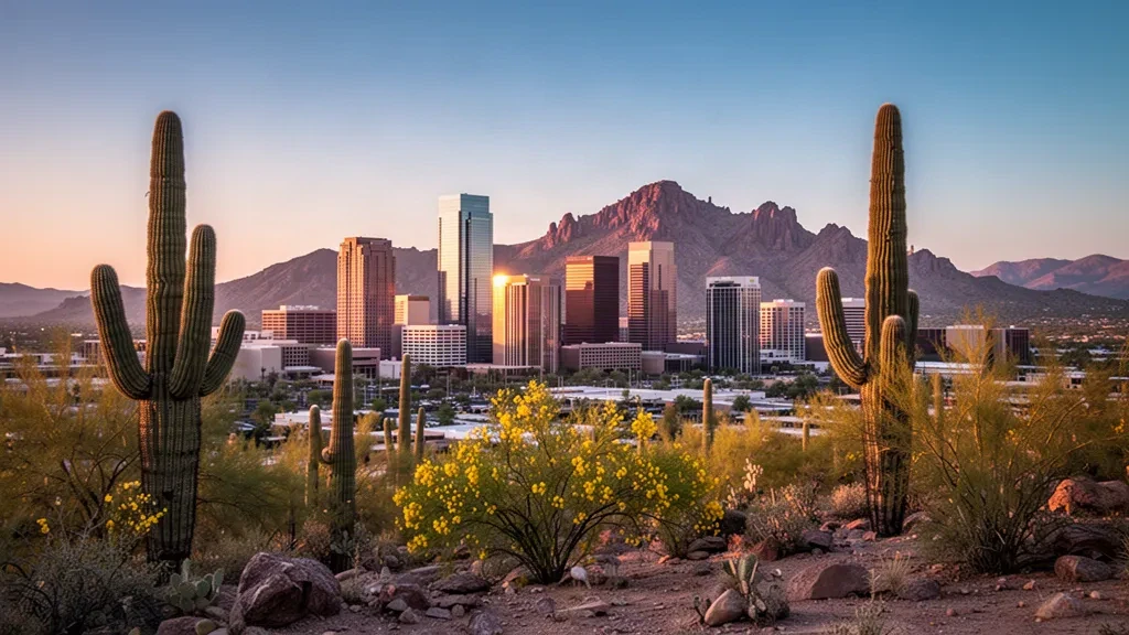 Horizonte del centro de Phoenix a la hora dorada con Camelback Mountain y cactus saguaro en primer plano del desierto de Arizona