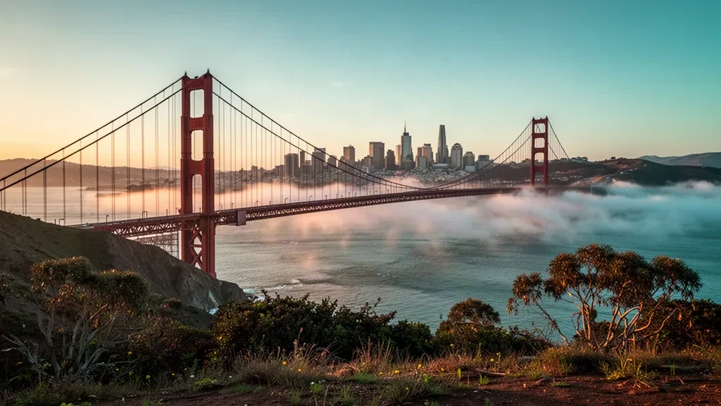 Golden Gate Bridge and San Francisco skyline at golden hour seen from the Marin Headlands overlook