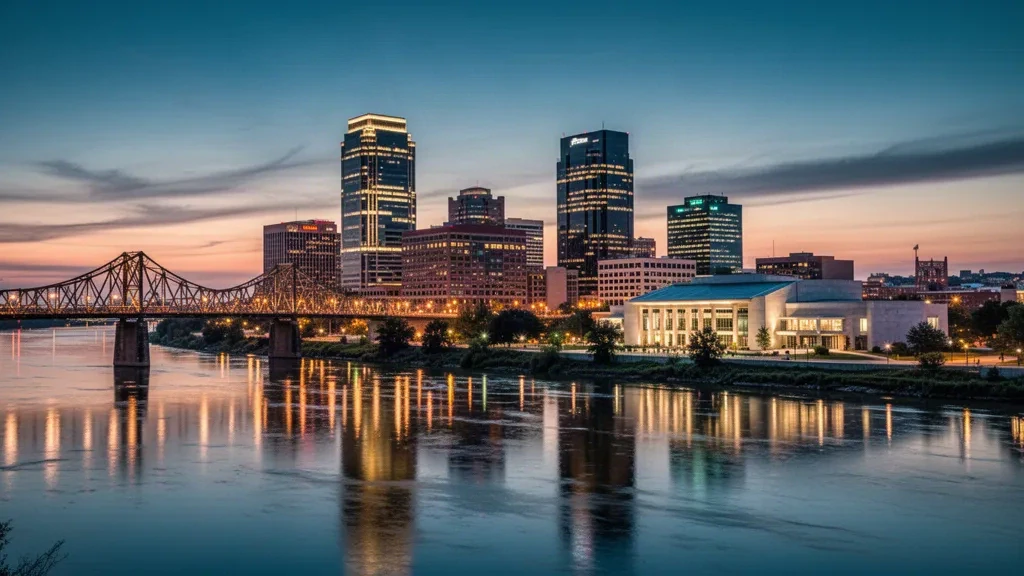 Skyline von Little Rock, Arkansas, in der Dämmerung mit dem Arkansas River, der Junction Bridge und dem Clinton Presidential Center, das mit Stadtlichtern erleuchtet ist.
