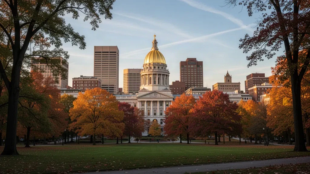 Panorama de Hartford, dans le Connecticut, avec le capitole de l'État au dôme doré s'élevant au-dessus des arbres d'automne de Bushnell Park