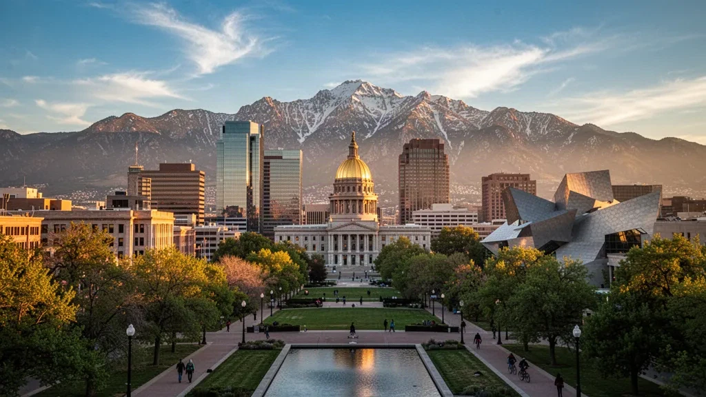 Skyline di Denver con le Montagne Rocciose all'ora d'oro, Colorado, che mostra il paesaggio urbano e naturale della città.
