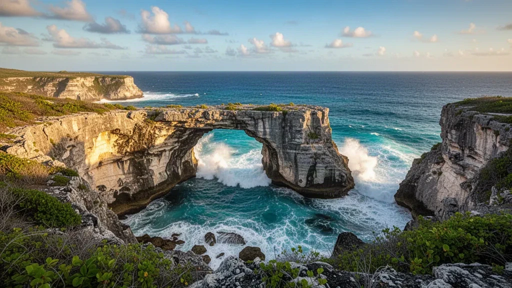 Markanter Kalksteinbogen an der Devil's Bridge in Saint Philip, Antigua, mit türkisfarbenen Wellen, die bei hellem Himmel gegen die Felsen brechen.
