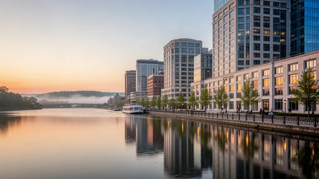 Skyline du front de mer de Wilmington, dans le Delaware, rayonnant à l'heure dorée, vue depuis la Christina River calme avec des reflets chauds sur l'eau