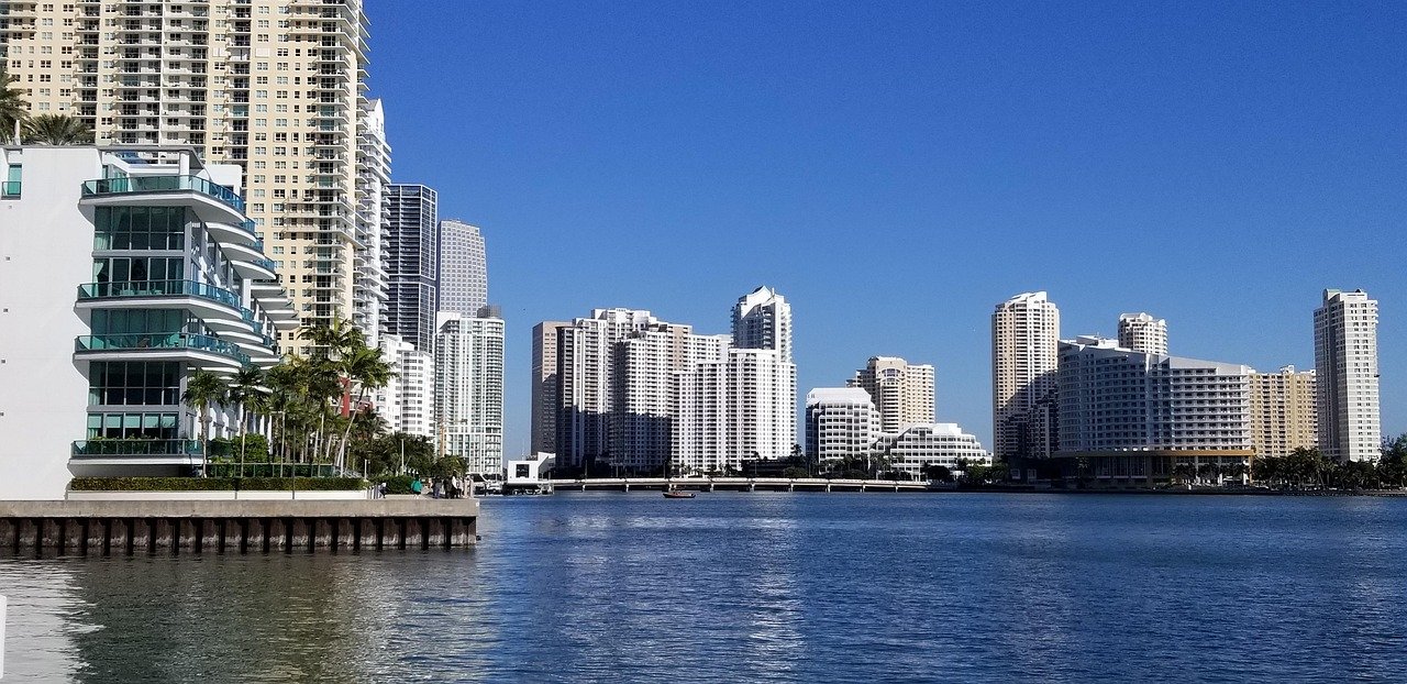 brickell, miami, florida, baia, lungomare, biscayne, skyline, tramonto, acqua, mare, oceano, cielo, natura, centro, alba, città, alba blu