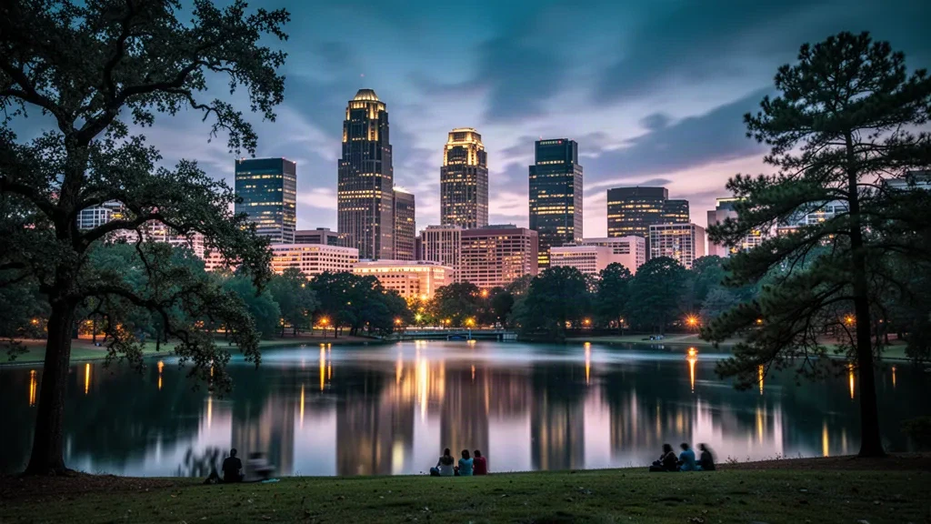 Atlanta, Georgia: Skyline von Midtown und Downtown in der Abenddämmerung, gesehen vom Piedmont Park über einen spiegelnden See mit warmen Stadtlichtern