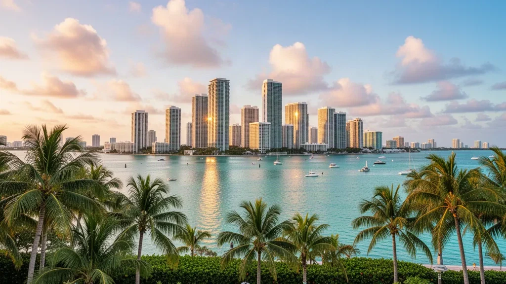 Altın saatte Biscayne Körfezi boyunca palmiye ağaçları ve turkuaz su ile Miami silüeti, Florida