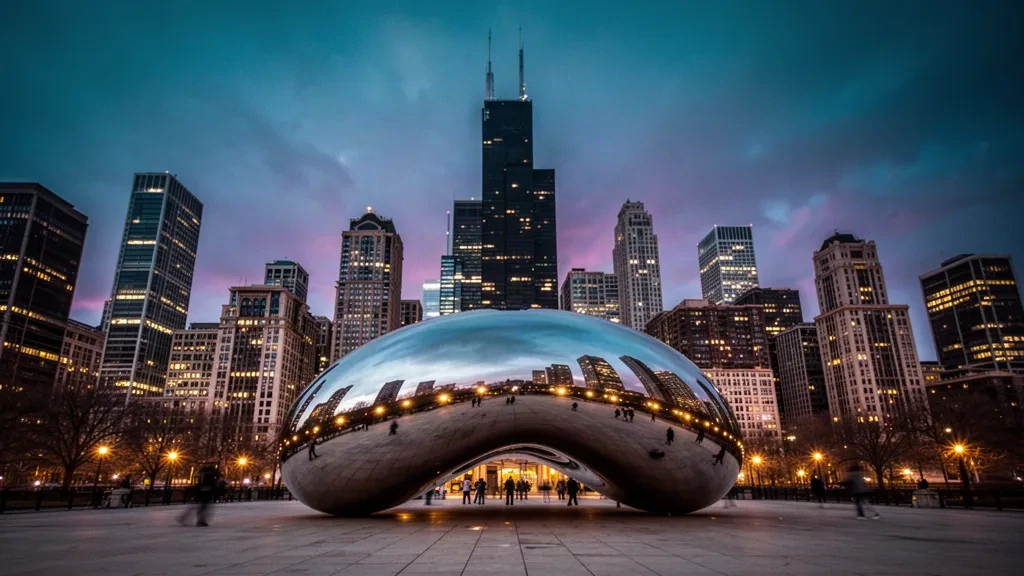 Horizonte de Chicago al anochecer visto desde Millennium Park, con Cloud Gate reflejando las torres iluminadas del centro de Illinois