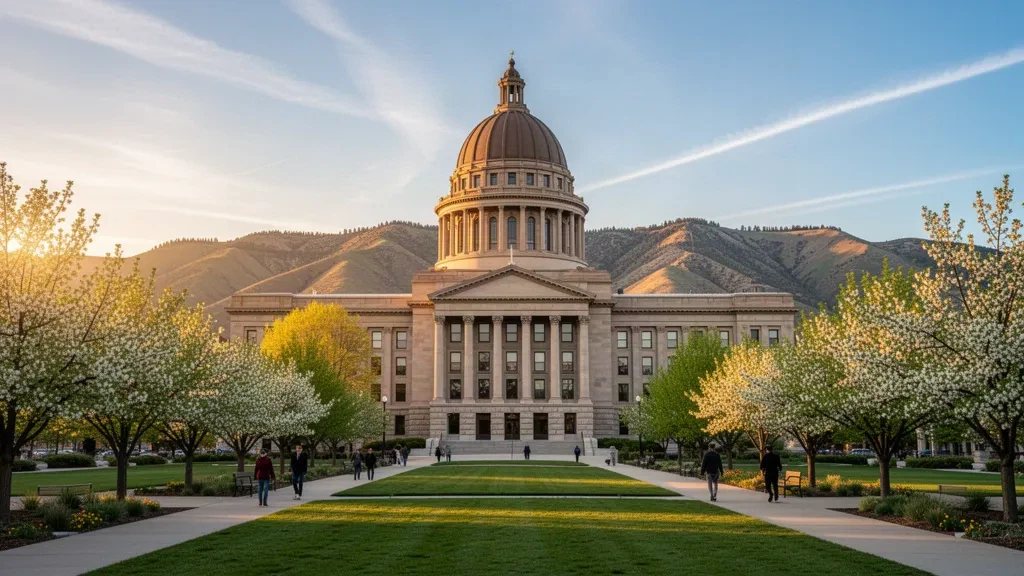 Idaho State Capitol building in Boise, Idaho, at golden hour, with the Boise Foothills in the background and pedestrians on the lawn.