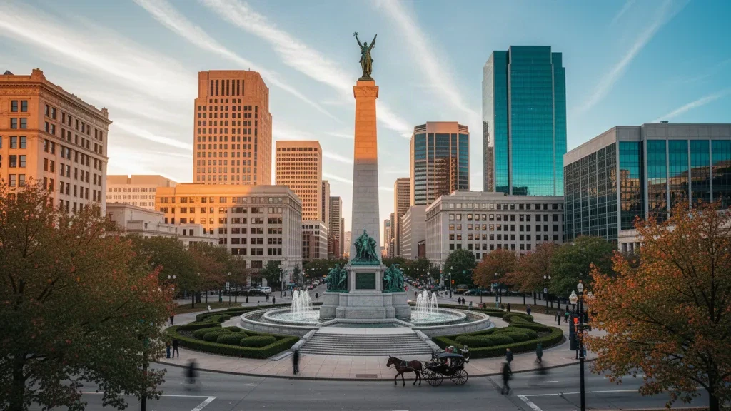 Panorama du centre-ville d'Indianapolis à l'heure dorée avec le Soldiers and Sailors Monument sur Monument Circle, Indiana