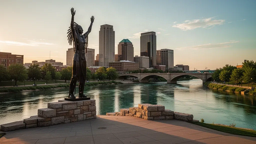 Wichita, Kansas: Flussufer zur goldenen Stunde mit der Skulptur Keeper of the Plains und der Skyline der Innenstadt hinter dem Arkansas River