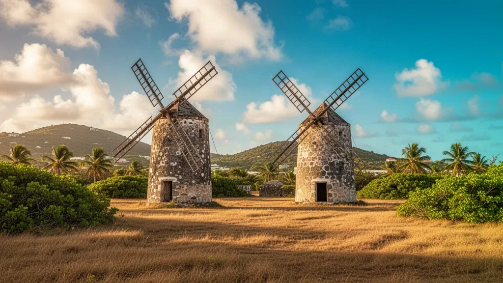 Restaurierte steinerne Windmühltürme auf der Betty's Hope Sugar Plantation in der Pfarrei Saint Peter, Antigua, in warmem karibischem Nachmittagslicht