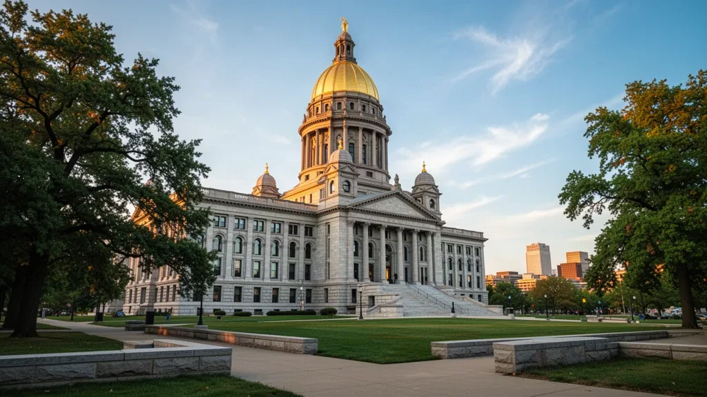 Die goldene Kuppel des Iowa State Capitol über Des Moines, Iowa, eingerahmt von Bäumen unter einem warmen Himmel am späten Nachmittag