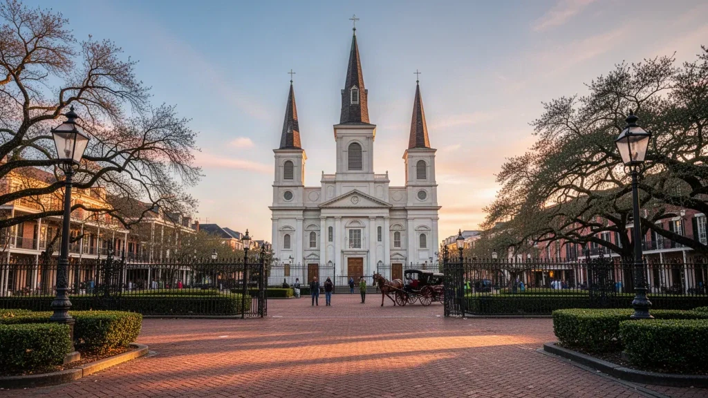 New Orleans, Louisiana'daki Jackson Square ve St. Louis Katedrali'nin altın saatlerdeki görünümü; yayalar, gaz lambaları ve canlı meşe ağaçları
