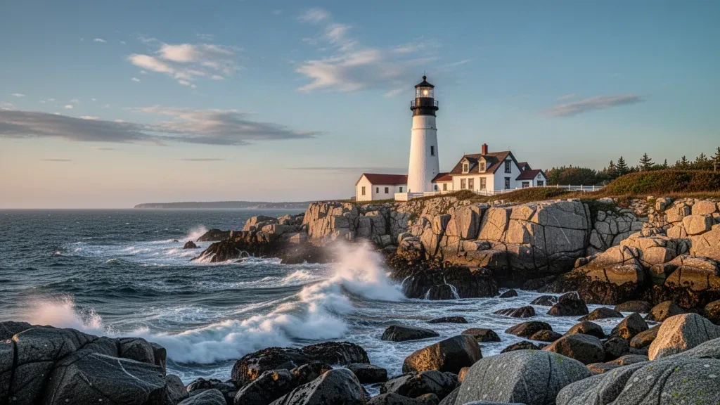 Le phare de Portland Head Light sur la côte atlantique rocheuse du Maine à l'heure dorée avec des vagues qui déferlent