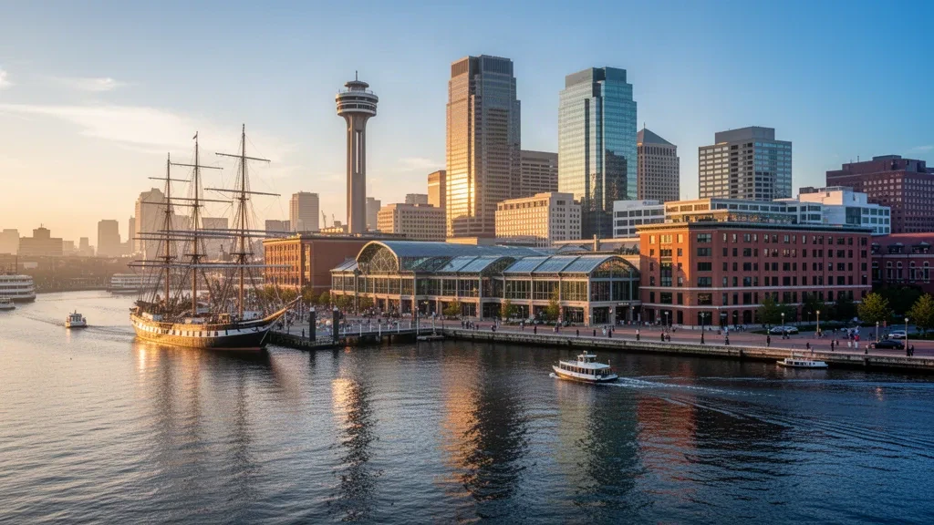 Front de mer et skyline d'Inner Harbor à Baltimore, dans le Maryland, à l'heure dorée, avec des navires historiques et des tours de verre se reflétant sur l'eau