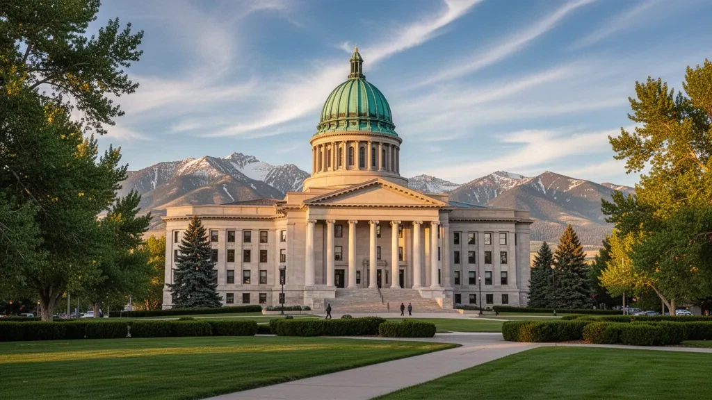 Montana State Capitol mit seiner Kupferkuppel und der Säulenfassade auf einer Rasenfläche zur goldenen Stunde in Helena, Montana