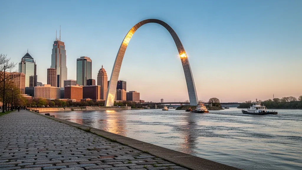 Gateway Arch s'élevant au-dessus de la ligne d'horizon de St. Louis le long du Mississippi dans le Missouri à l'heure dorée