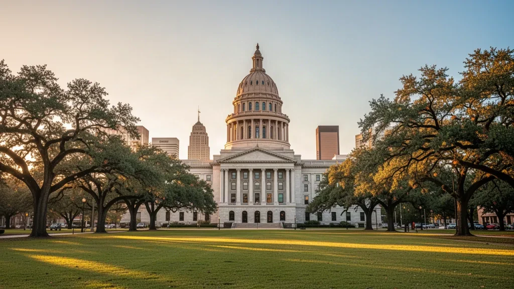 Veduta dell'ora d'oro del Campidoglio dello Stato del Mississippi a Jackson, Mississippi, con querce e skyline del centro in luce calda.