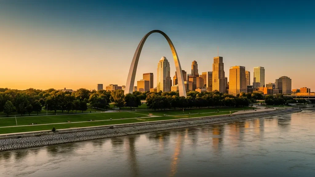 Missouri'de Mississippi Nehri üzerinde yükselen St. Louis silueti ve Gateway Arch'ın altın saat görünümü