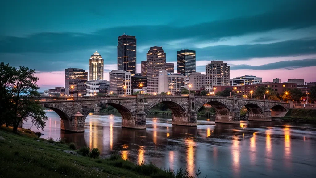Skyline di Minneapolis al crepuscolo visto dal fiume Mississippi con lo storico Stone Arch Bridge in primo piano