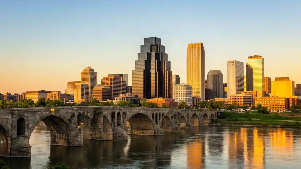 Mississippi Nehri üzerindeki Stone Arch Köprüsü ile çerçevelenen Minnesota, Minneapolis silüetinin altın saat manzarası