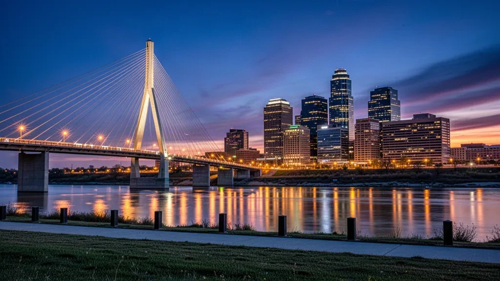 Omaha, Nebraska skyline at blue hour with the illuminated Bob Kerrey Pedestrian Bridge over the Missouri River