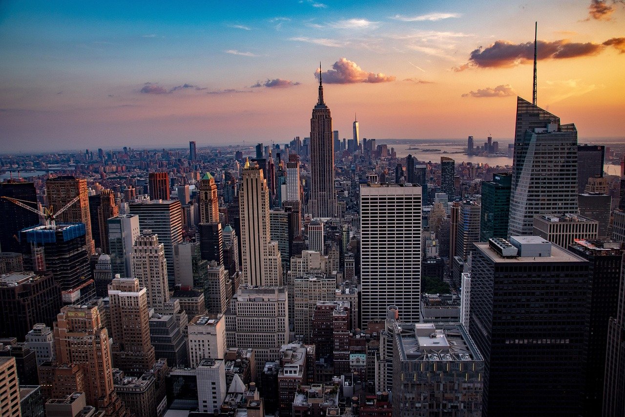 coucher de soleil, Manhattan, ville, skyline, architecture, États-Unis, Amérique, paysage urbain, nature, New York, voyage, nouveau, gratte-ciel, centre-ville, York, vue, New York City, crépuscule, Empire, State, Empire State Building, panoramique, gratte-ciel, pittoresque, jaune, orange
