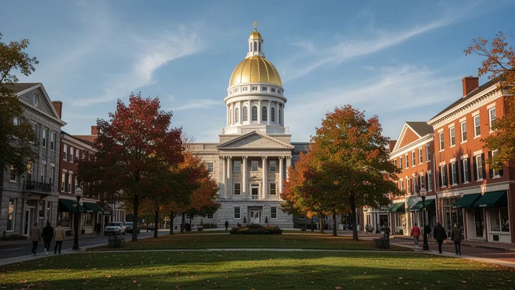 Concord, capitole de l'État du New Hampshire avec son dôme doré s'élevant au-dessus du feuillage d'automne dans une vue éditoriale nette du centre-ville de la capitale