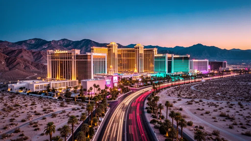 Skyline dello Strip di Las Vegas al crepuscolo con torri alberghiere illuminate e montagne desertiche sullo sfondo, Nevada, Stati Uniti