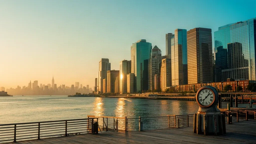 Panorámica del horizonte de la zona costera de Jersey City a la hora dorada con el río Hudson y vistas lejanas de Manhattan, Nueva Jersey