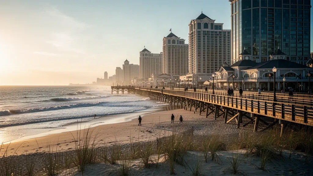 Vista all'ora d'oro della spiaggia, del lungomare e dello skyline degli hotel sul mare di Atlantic City nel New Jersey
