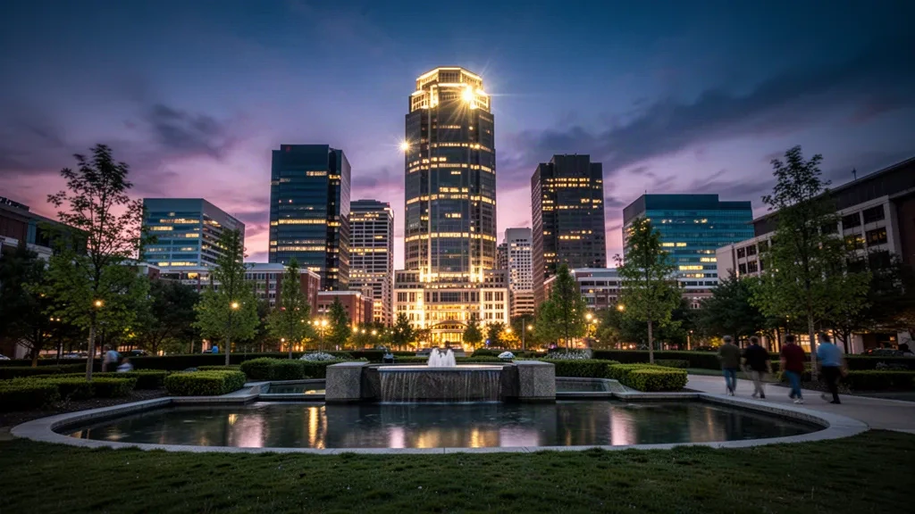 Skyline d'Uptown Charlotte, en Caroline du Nord, illuminée au crépuscule avec des tours de verre reflétées dans la fontaine d'un parc